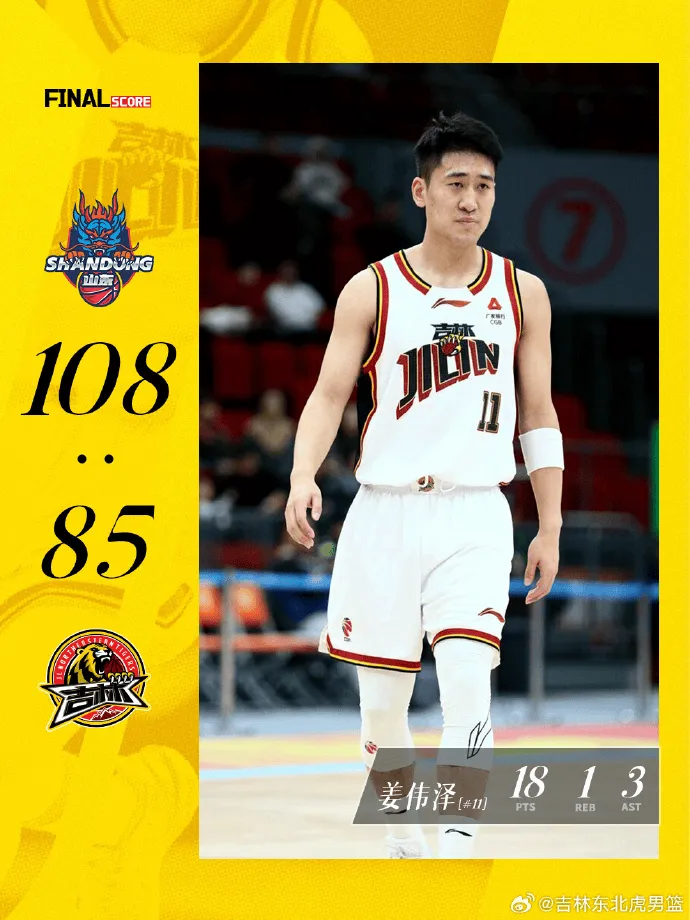 吉林男篮分享本场比赛失利海报，常规赛战绩来到6胜8负